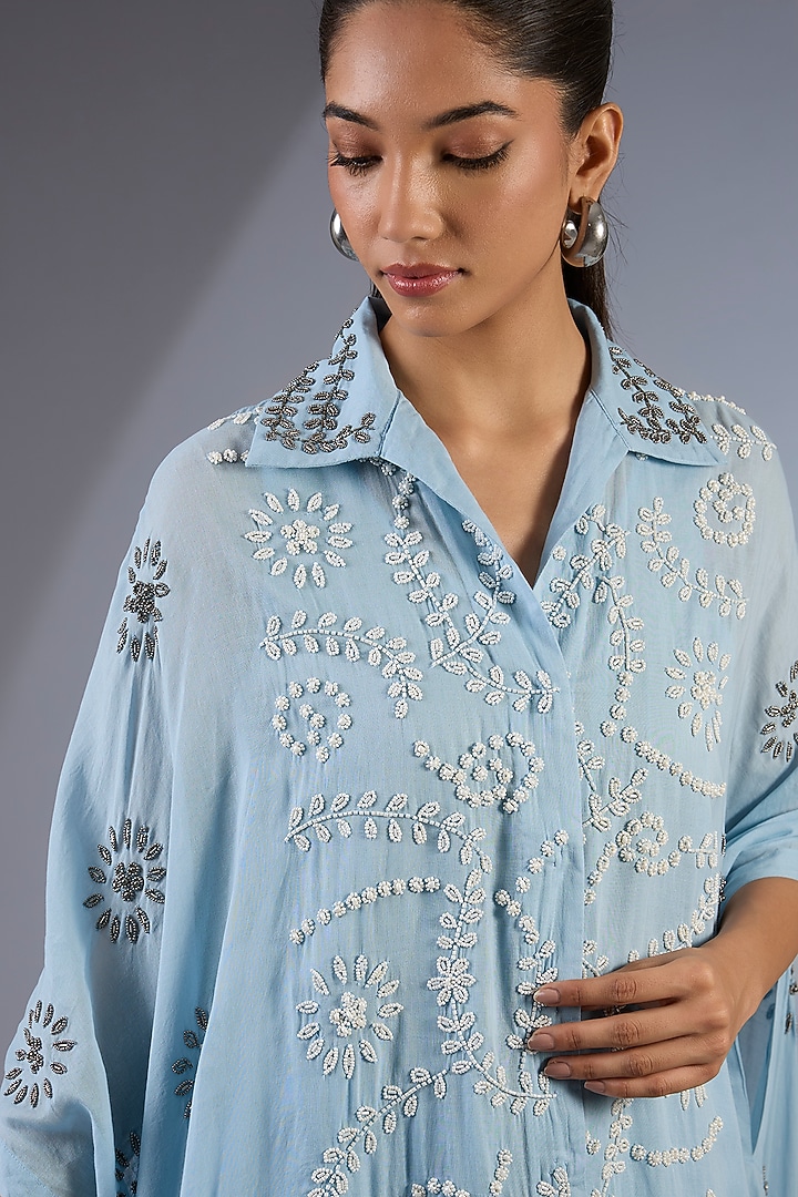 Ice Blue & Ecru Cotton Beaded Cape by Peachoo at Pernia's Pop Up Shop