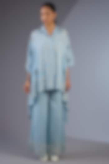 Ice Blue & Ecru Handloom Bead Embroidered Flared Palazzo Pants by Peachoo at Pernia's Pop Up Shop
