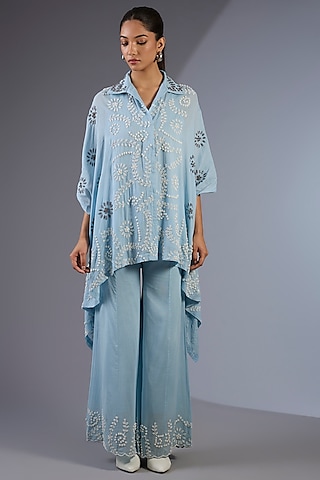 Ice Blue & Ecru Handloom Bead Embroidered Flared Palazzo Pants by Peachoo