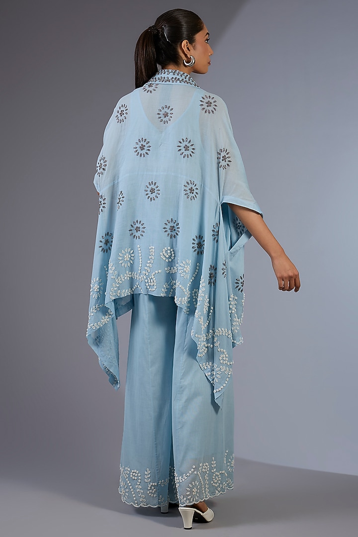 Ice Blue & Ecru Handloom Bead Embroidered Flared Palazzo Pants by Peachoo at Pernia's Pop Up Shop