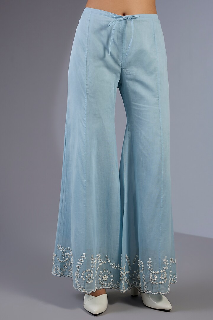 Ice Blue & Ecru Handloom Bead Embroidered Flared Palazzo Pants by Peachoo at Pernia's Pop Up Shop