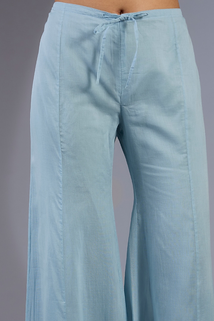 Ice Blue & Ecru Handloom Bead Embroidered Flared Palazzo Pants by Peachoo at Pernia's Pop Up Shop