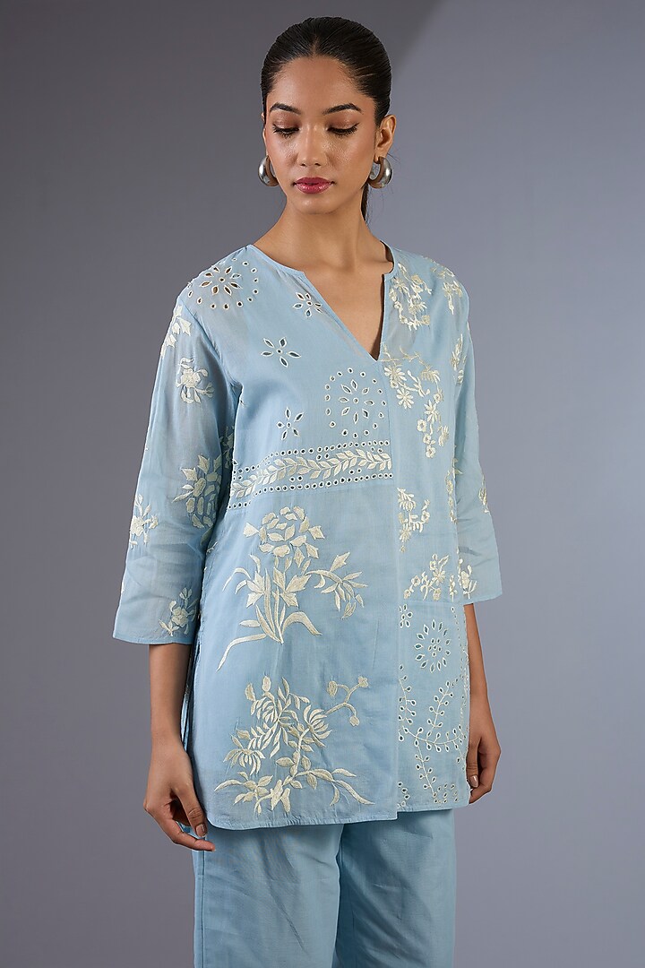 Ice Blue & Ecru Handloom Thread Embroidered Top by Peachoo at Pernia's Pop Up Shop