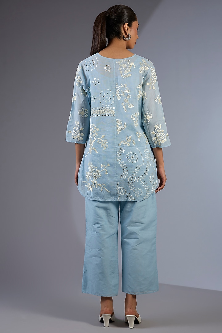 Ice Blue & Ecru Handloom Thread Embroidered Top by Peachoo at Pernia's Pop Up Shop