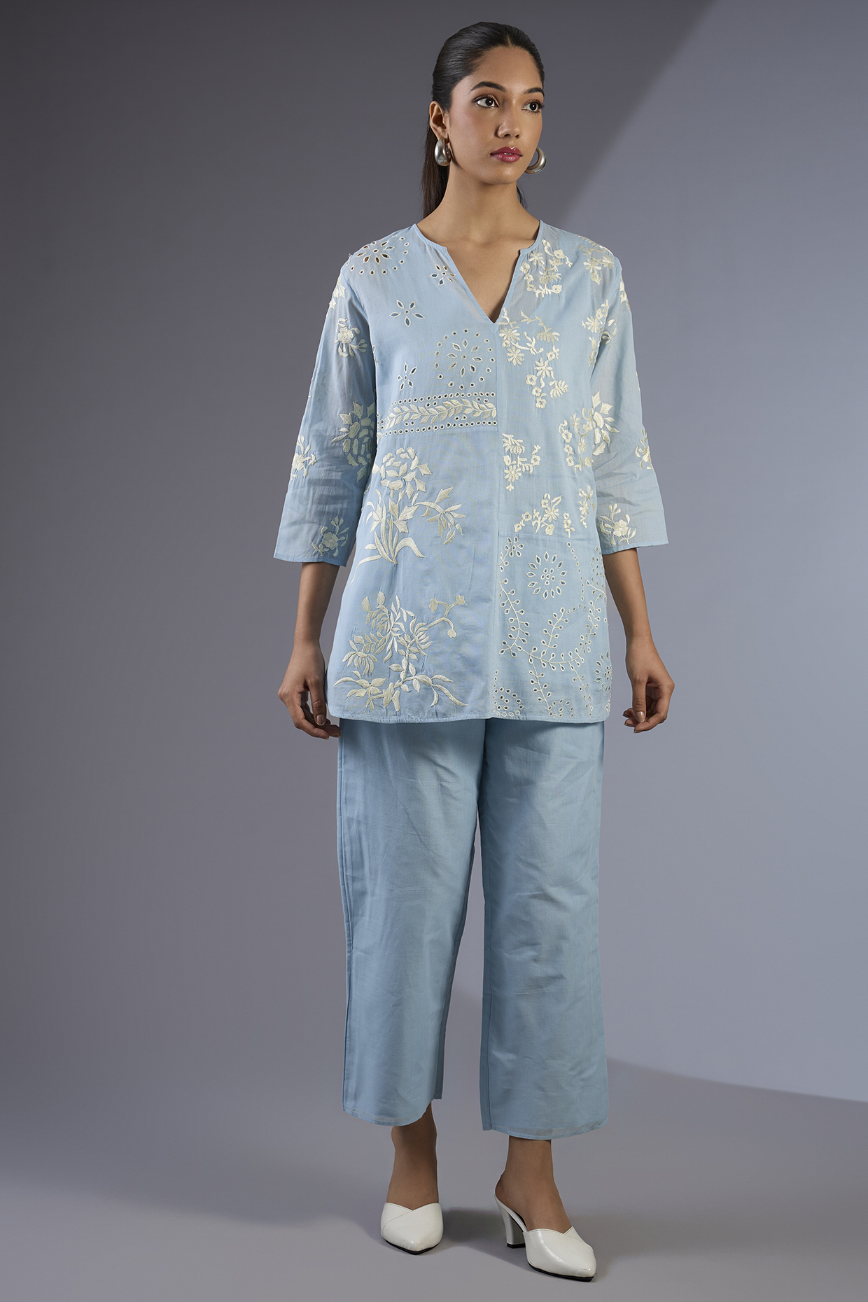 Ice Blue & Ecru Handloom Thread Embroidered Top by Peachoo at Pernia's Pop Up Shop