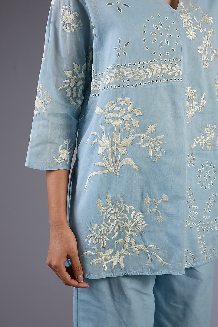 Ice Blue & Ecru Handloom Thread Embroidered Top by Peachoo at Pernia's Pop Up Shop