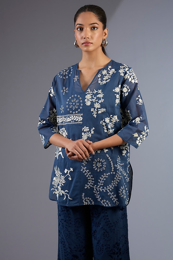 Space Blue & Ecru Handloom Thread Embroidered Top by Peachoo at Pernia's Pop Up Shop