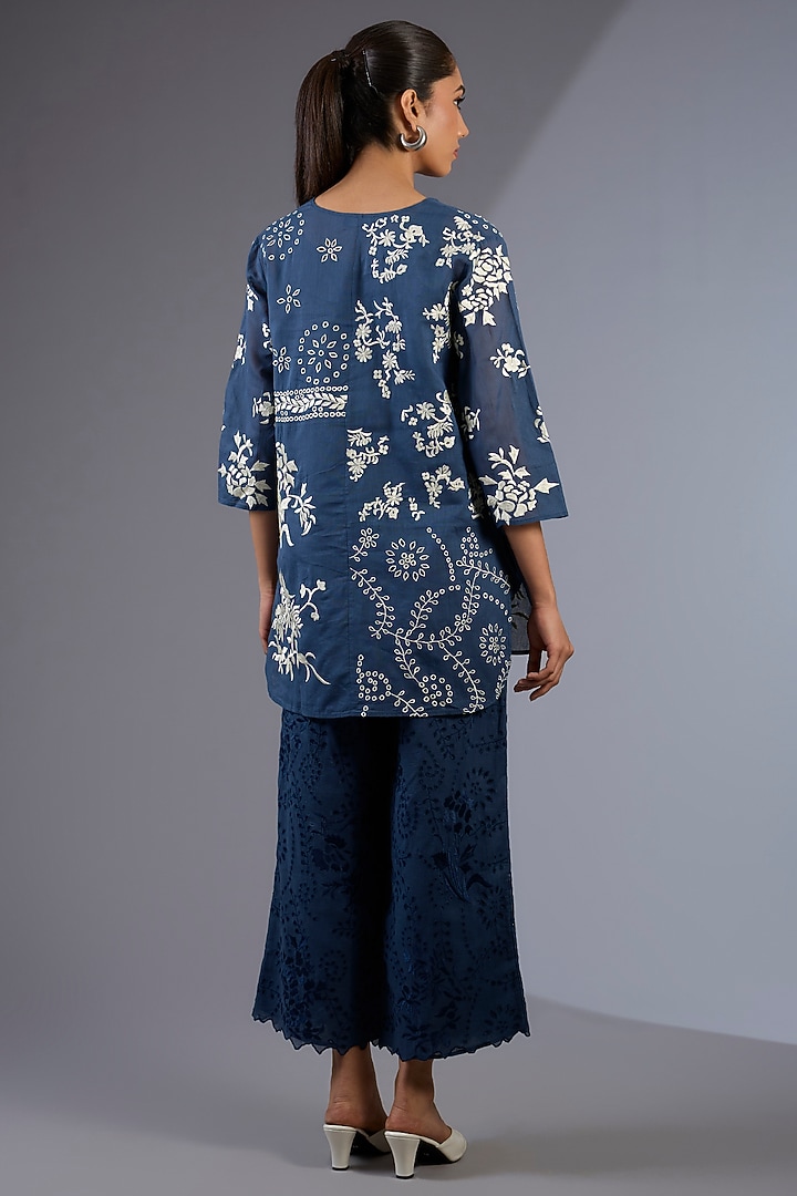 Space Blue & Ecru Handloom Thread Embroidered Top by Peachoo at Pernia's Pop Up Shop
