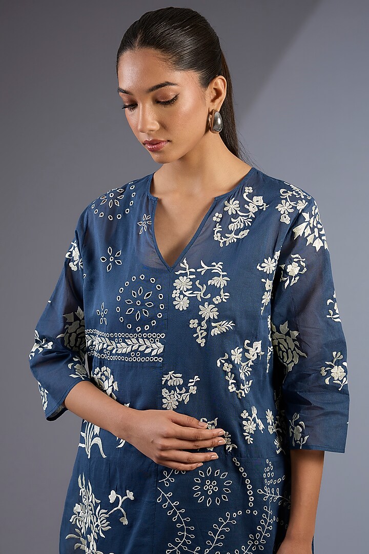 Space Blue & Ecru Handloom Thread Embroidered Top by Peachoo at Pernia's Pop Up Shop
