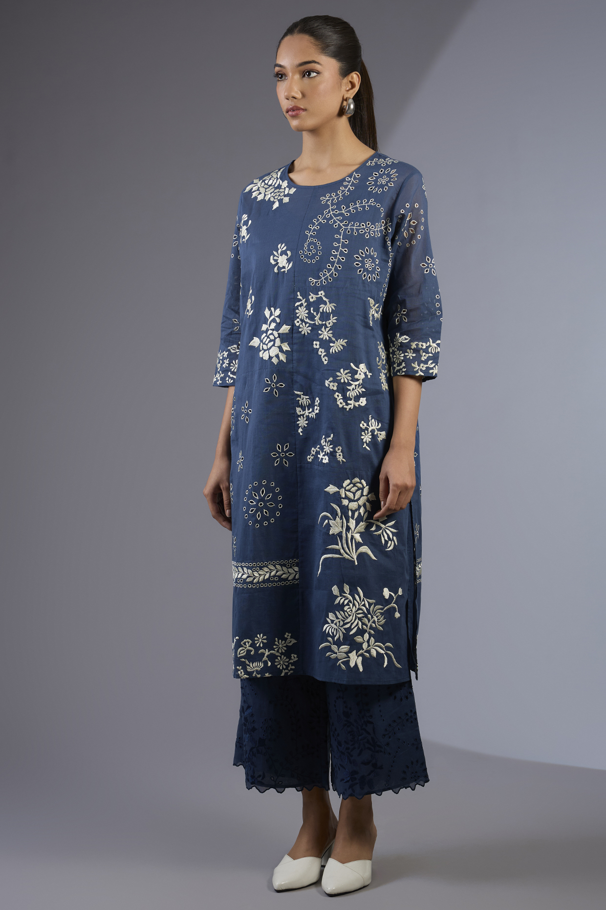 Space Blue & Ecru Handloom Thread Embroidered Kurta by Peachoo at Pernia's Pop Up Shop