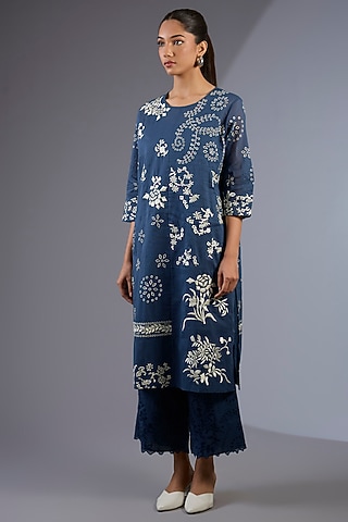 Space Blue & Ecru Handloom Thread Embroidered Kurta by Peachoo