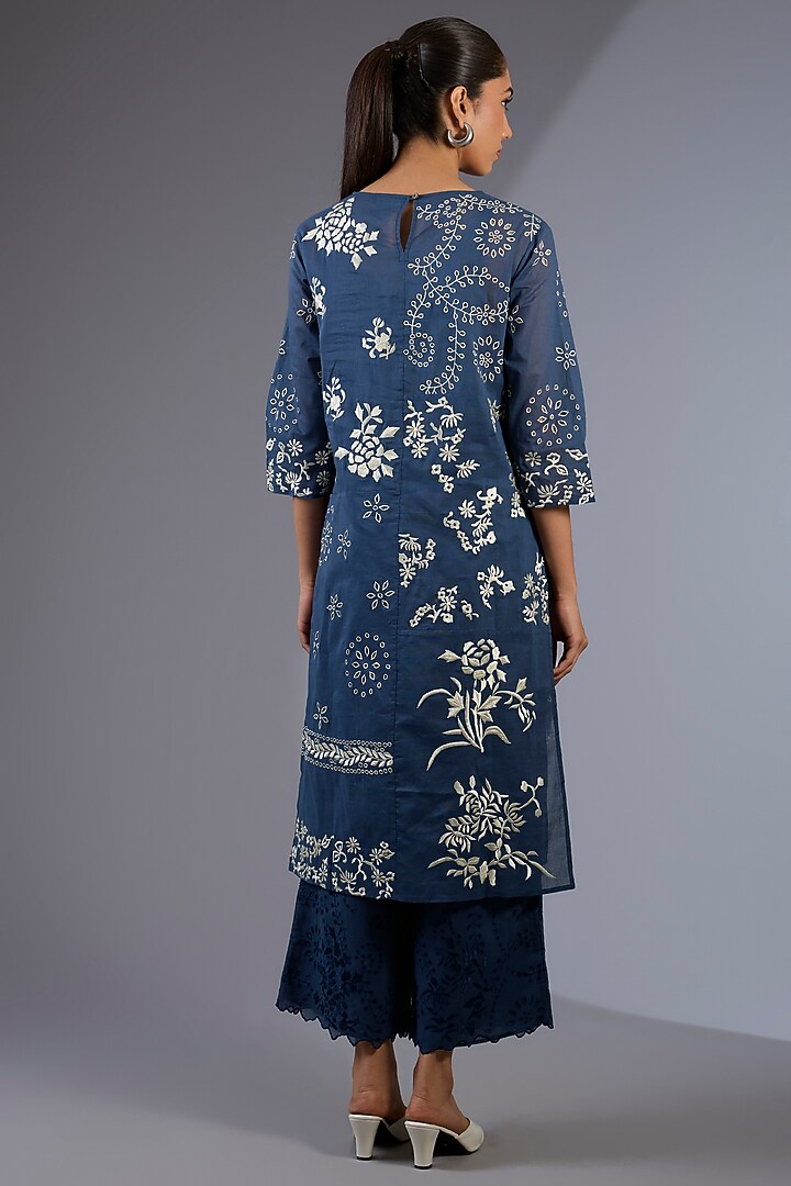 Space Blue & Ecru Handloom Thread Embroidered Kurta by Peachoo at Pernia's Pop Up Shop