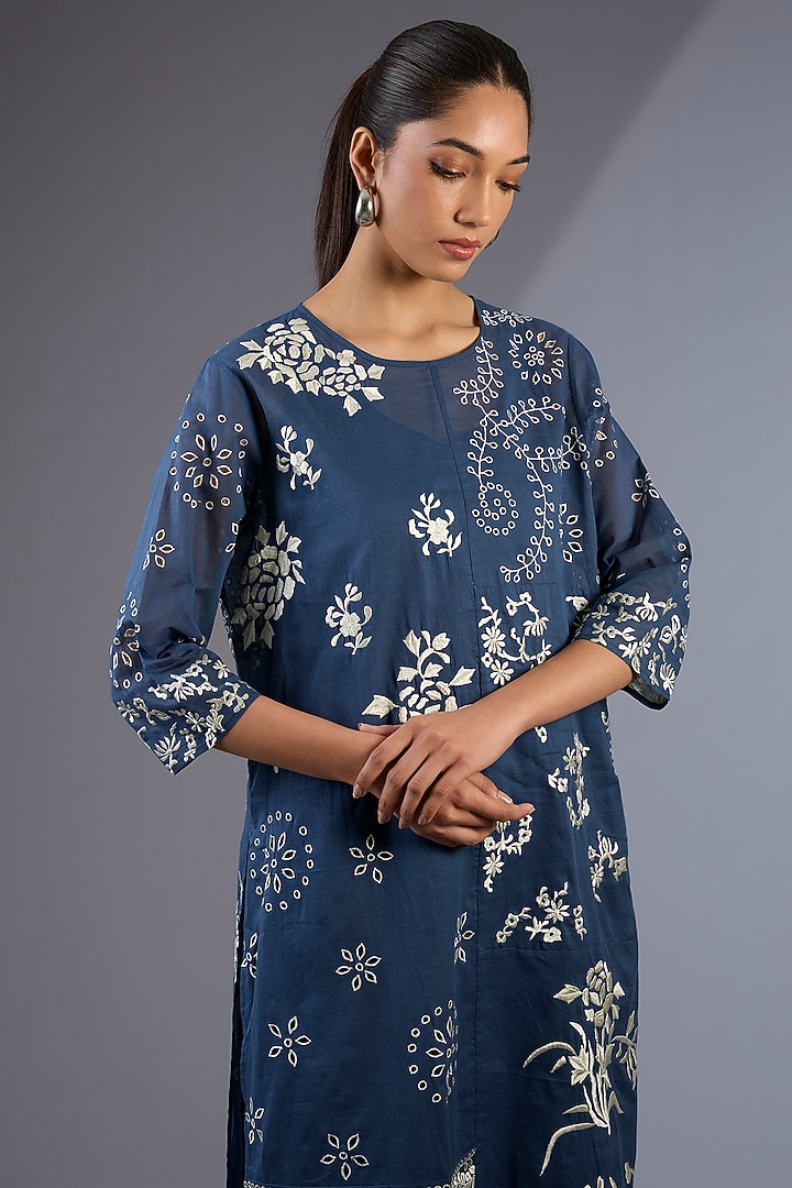 Space Blue & Ecru Handloom Thread Embroidered Kurta by Peachoo at Pernia's Pop Up Shop