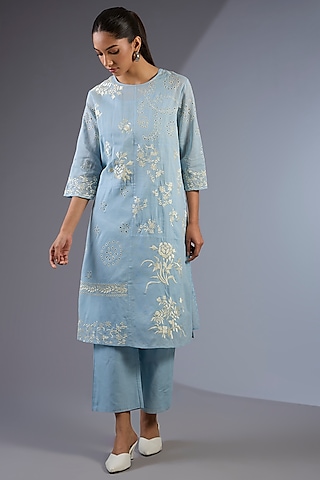 Ice Blue & Ecru Handloom Thread Embroidered Kurta by Peachoo