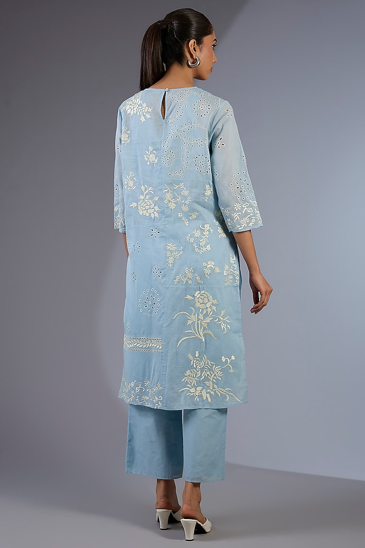 Ice Blue & Ecru Handloom Thread Embroidered Kurta by Peachoo at Pernia's Pop Up Shop