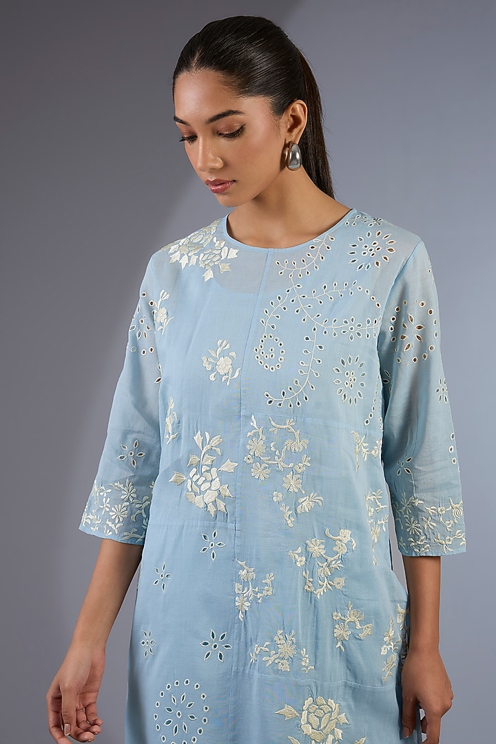 Ice Blue & Ecru Handloom Thread Embroidered Kurta by Peachoo at Pernia's Pop Up Shop
