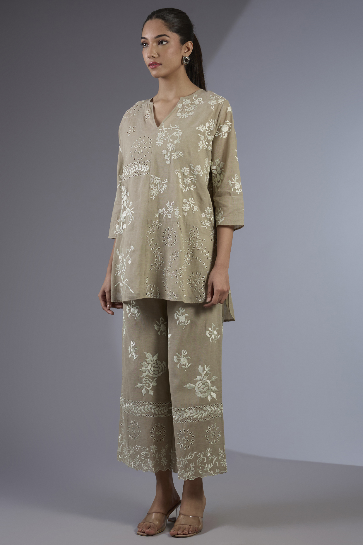 Ecru Handloom Thread Embroidered Pants by Peachoo at Pernia's Pop Up Shop