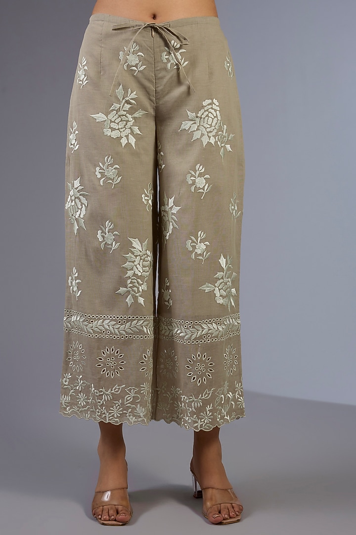 Ecru Handloom Thread Embroidered Pants by Peachoo at Pernia's Pop Up Shop