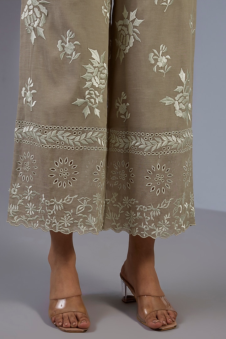 Ecru Handloom Thread Embroidered Pants by Peachoo at Pernia's Pop Up Shop