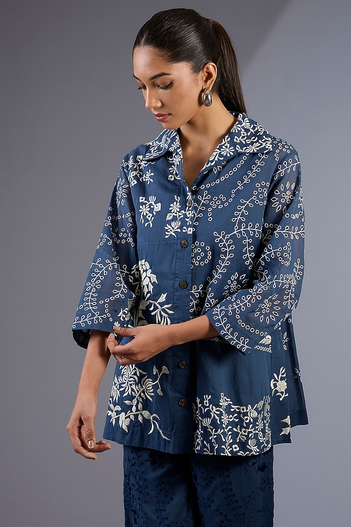 Space Blue & Ecru Handloom Thread Embroidered Jacket by Peachoo at Pernia's Pop Up Shop