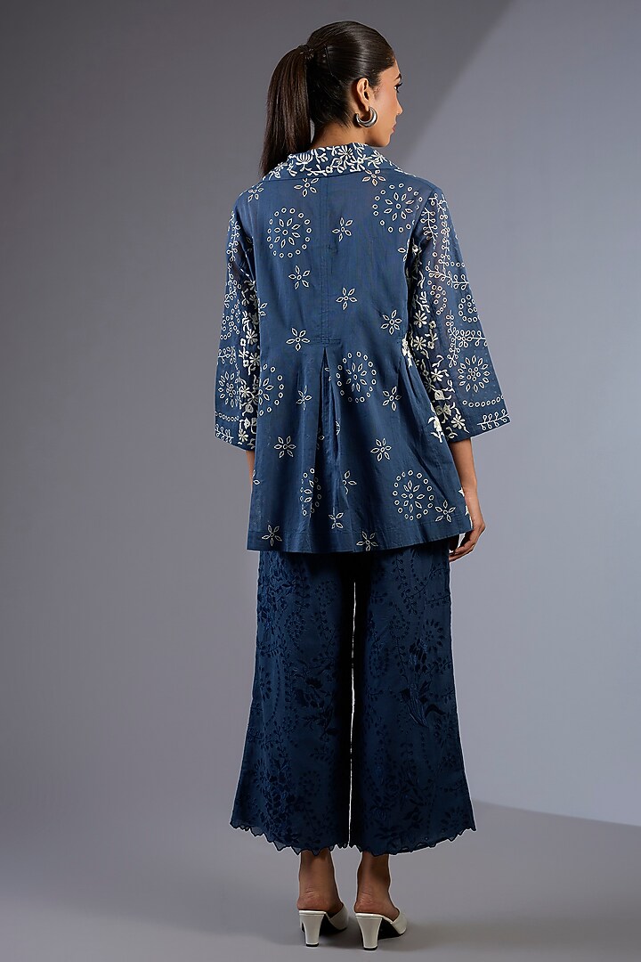 Space Blue & Ecru Handloom Thread Embroidered Jacket by Peachoo at Pernia's Pop Up Shop