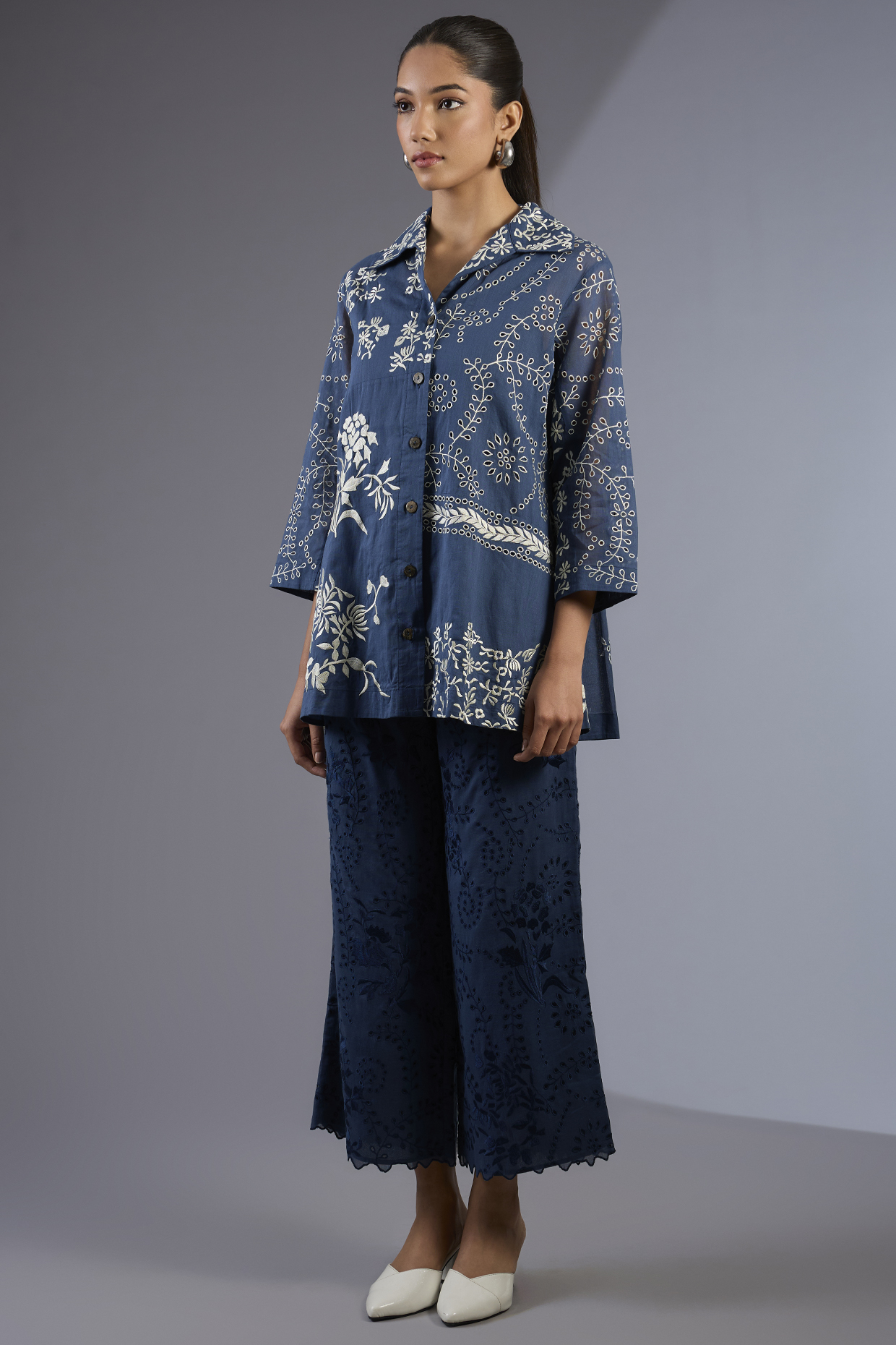 Space Blue & Ecru Handloom Thread Embroidered Jacket by Peachoo at Pernia's Pop Up Shop