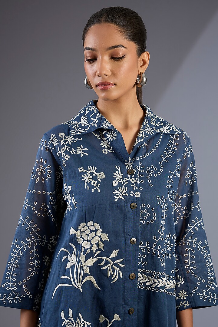 Space Blue & Ecru Handloom Thread Embroidered Jacket by Peachoo at Pernia's Pop Up Shop