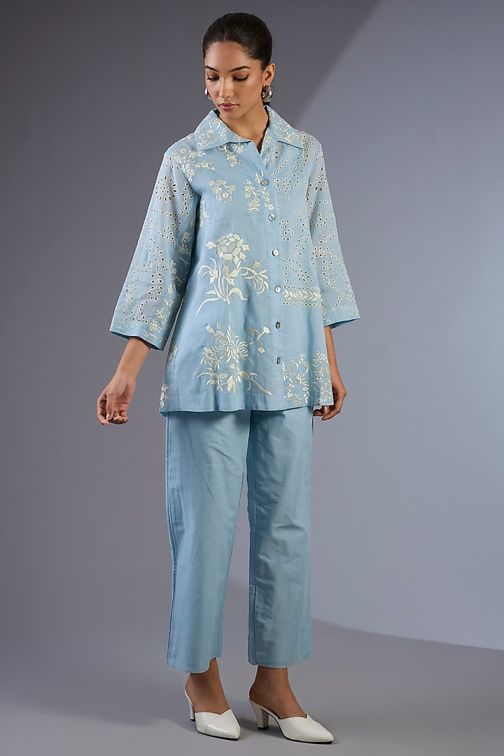 Ice Blue Handloom Thread Embroidered Jacket by Peachoo at Pernia's Pop Up Shop