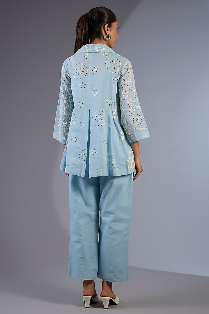 Ice Blue Handloom Thread Embroidered Jacket by Peachoo at Pernia's Pop Up Shop