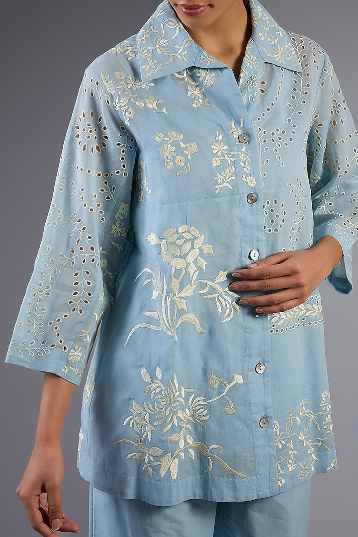 Ice Blue Handloom Thread Embroidered Jacket by Peachoo at Pernia's Pop Up Shop