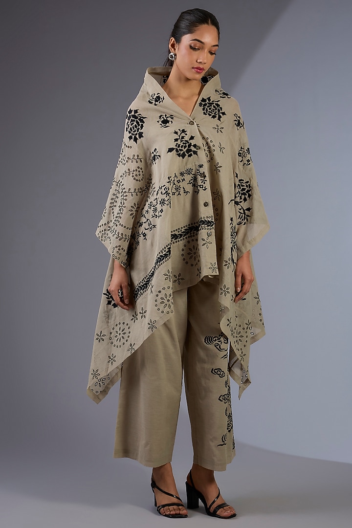 Beige & Black Handloom Thread Embroidered Cape by Peachoo at Pernia's Pop Up Shop
