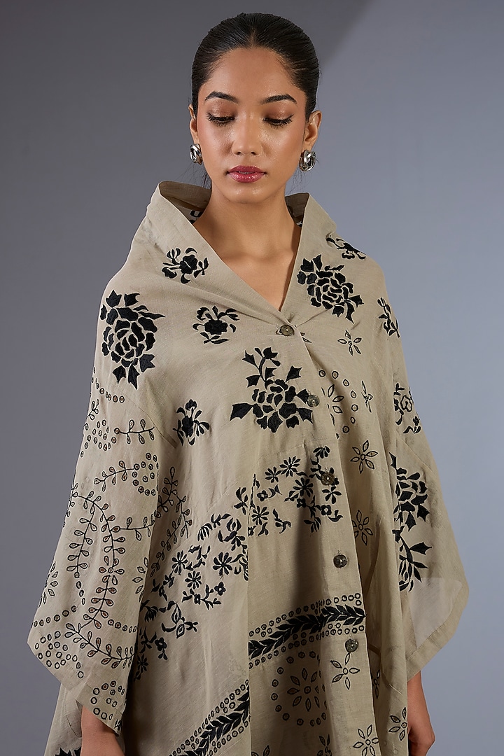 Beige & Black Handloom Thread Embroidered Cape by Peachoo at Pernia's Pop Up Shop