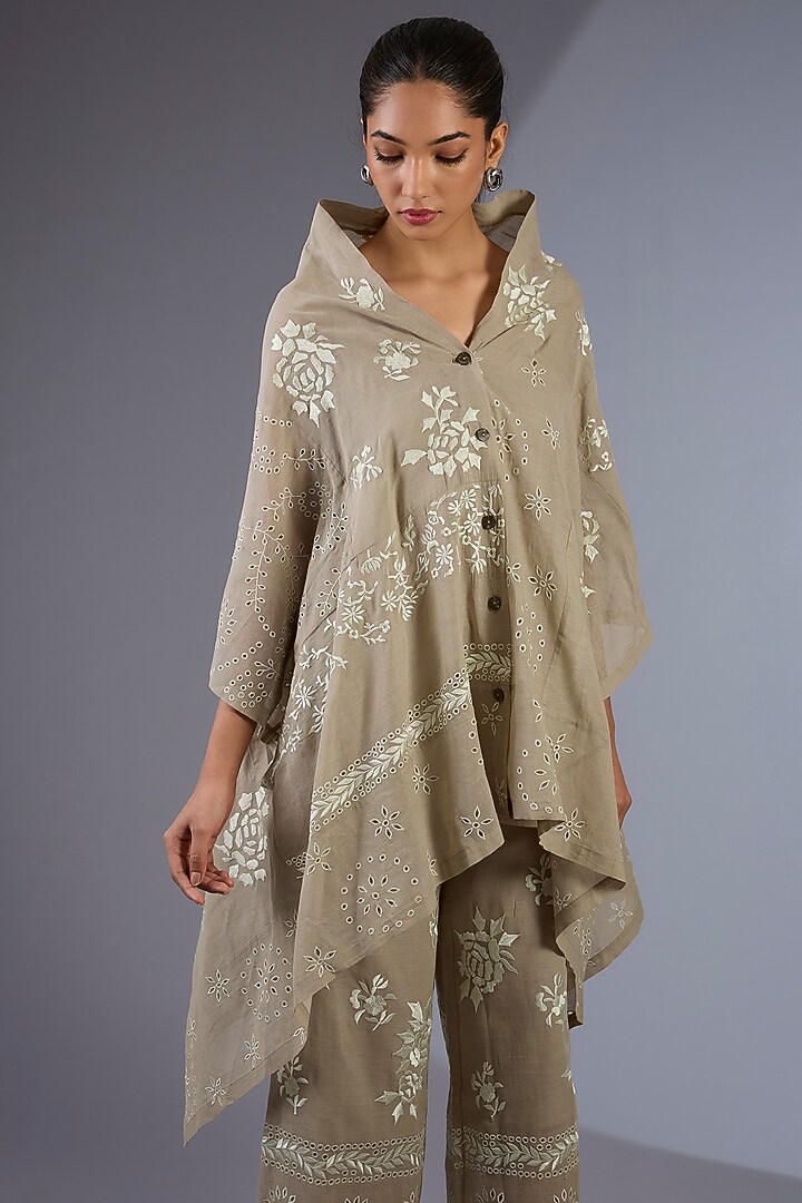 Beige & Ecru Handloom Thread Embroidered Cape by Peachoo at Pernia's Pop Up Shop