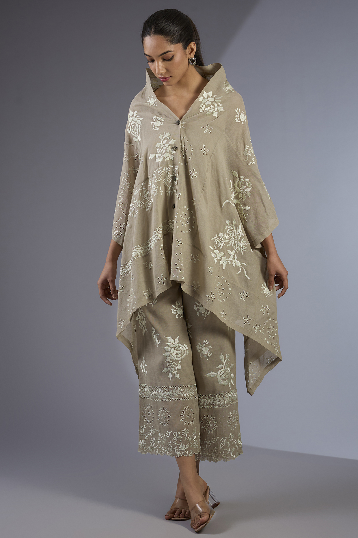 Beige & Ecru Handloom Thread Embroidered Cape by Peachoo at Pernia's Pop Up Shop