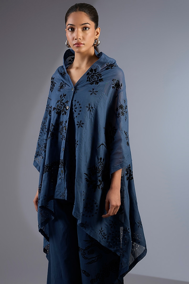 Space Blue & Black Handloom Thread Embroidered Cape by Peachoo at Pernia's Pop Up Shop