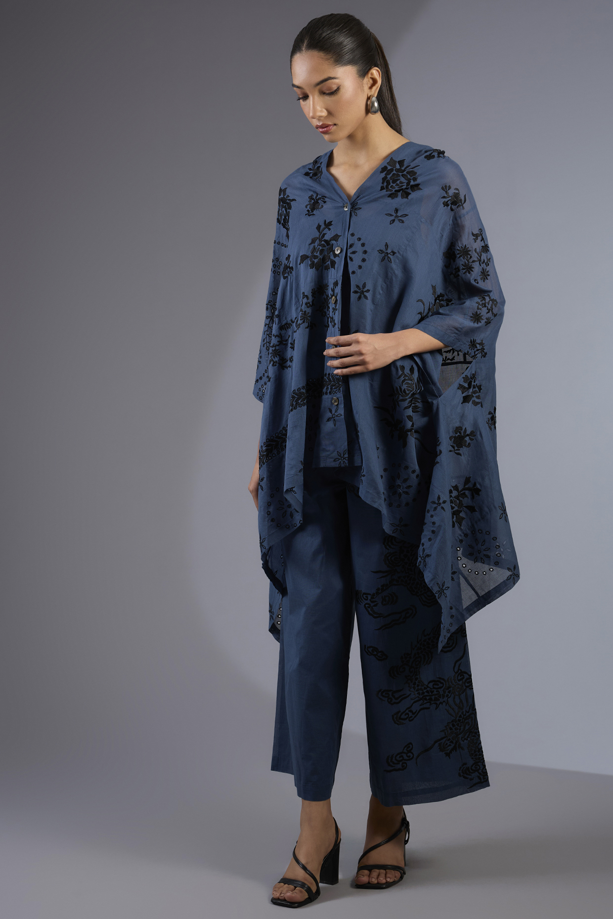 Space Blue & Black Handloom Thread Embroidered Cape by Peachoo at Pernia's Pop Up Shop