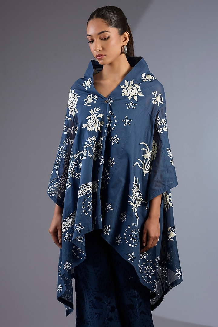 Space Blue & Ecru Handloom Thread Embroidered Cape by Peachoo at Pernia's Pop Up Shop