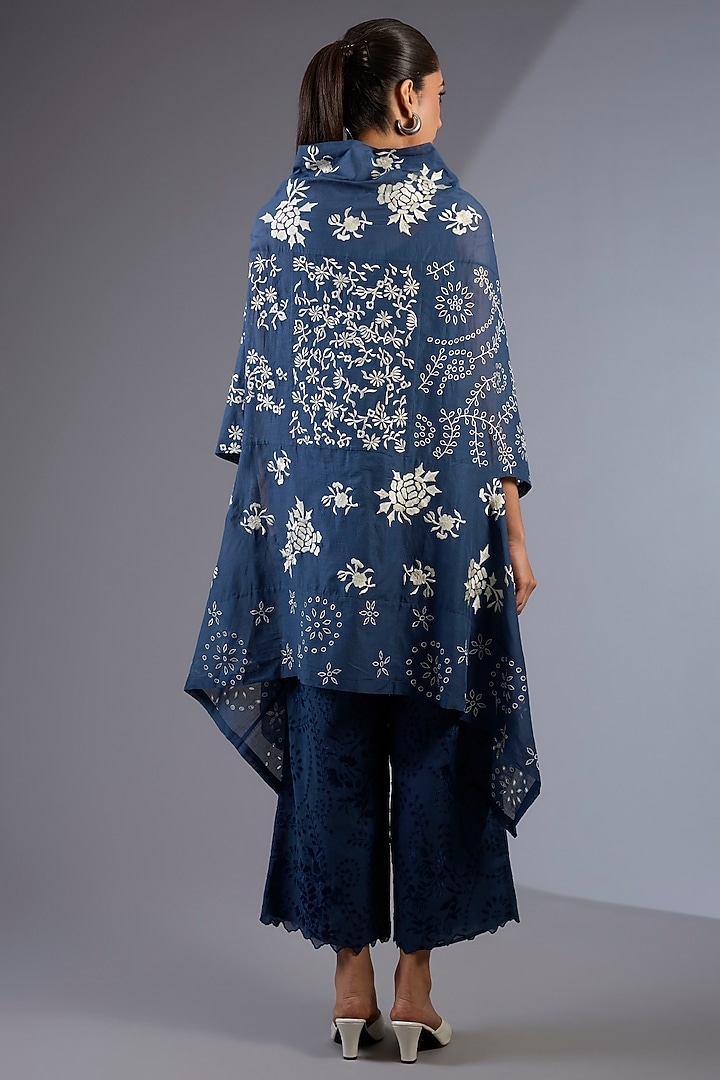 Space Blue & Ecru Handloom Thread Embroidered Cape by Peachoo at Pernia's Pop Up Shop