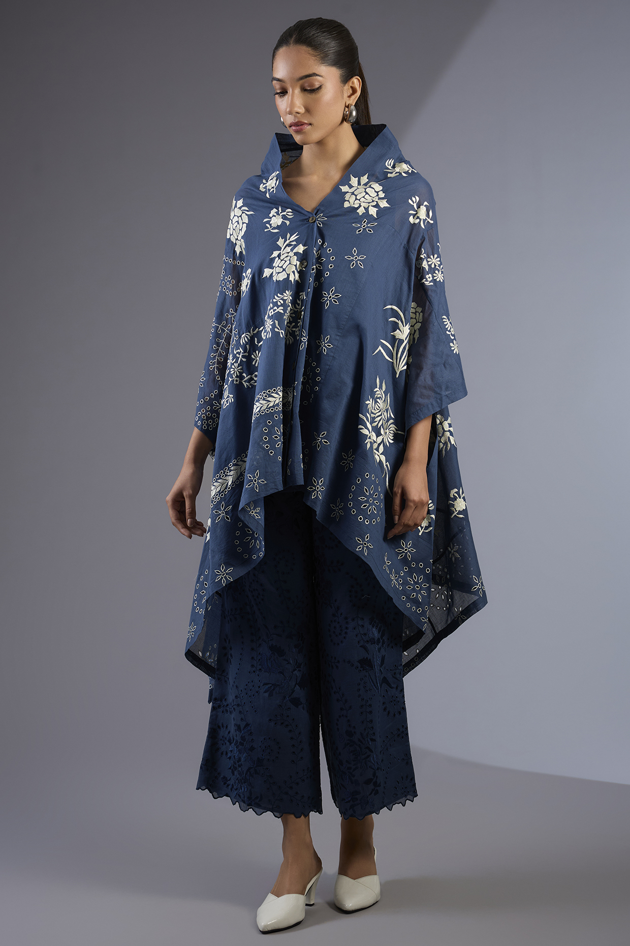 Space Blue & Ecru Handloom Thread Embroidered Cape by Peachoo at Pernia's Pop Up Shop