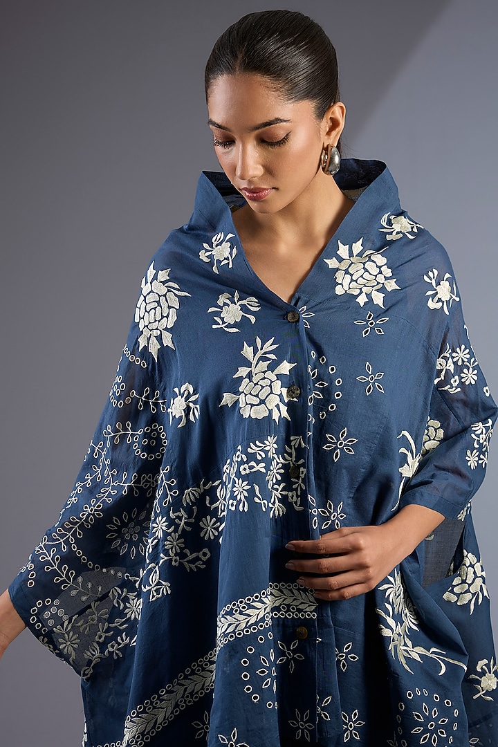 Space Blue & Ecru Handloom Thread Embroidered Cape by Peachoo at Pernia's Pop Up Shop