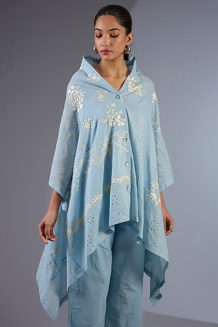 Ice Blue & Ecru Handloom Thread Embroidered Cape by Peachoo at Pernia's Pop Up Shop