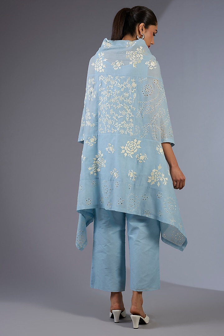 Ice Blue & Ecru Handloom Thread Embroidered Cape by Peachoo at Pernia's Pop Up Shop