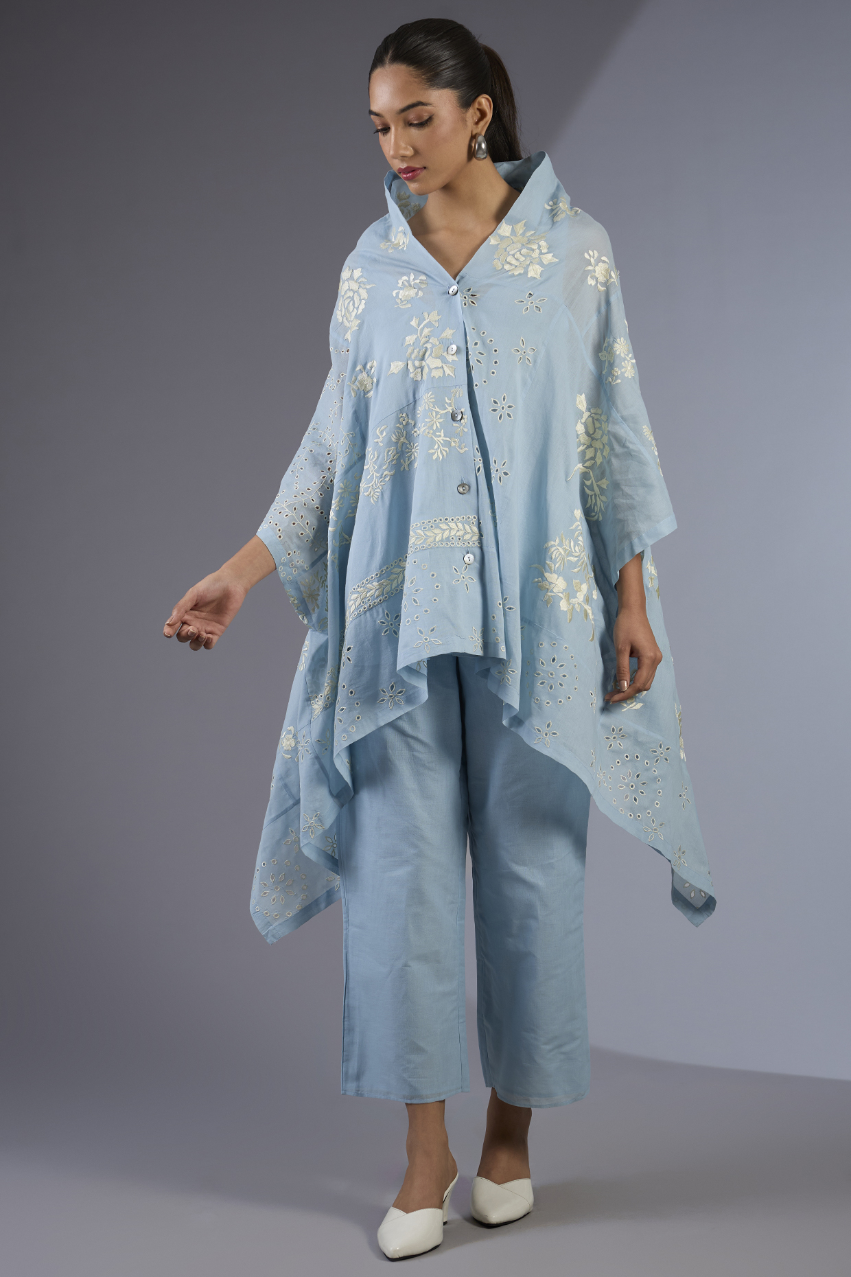 Ice Blue & Ecru Handloom Thread Embroidered Cape by Peachoo at Pernia's Pop Up Shop