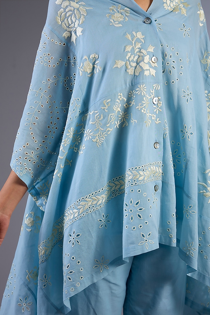 Ice Blue & Ecru Handloom Thread Embroidered Cape by Peachoo at Pernia's Pop Up Shop