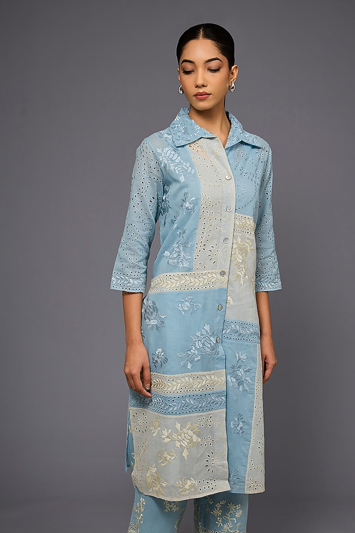 Ice Ecru Handloom Cotton Thread Embroidered Shirt by Peachoo at Pernia's Pop Up Shop
