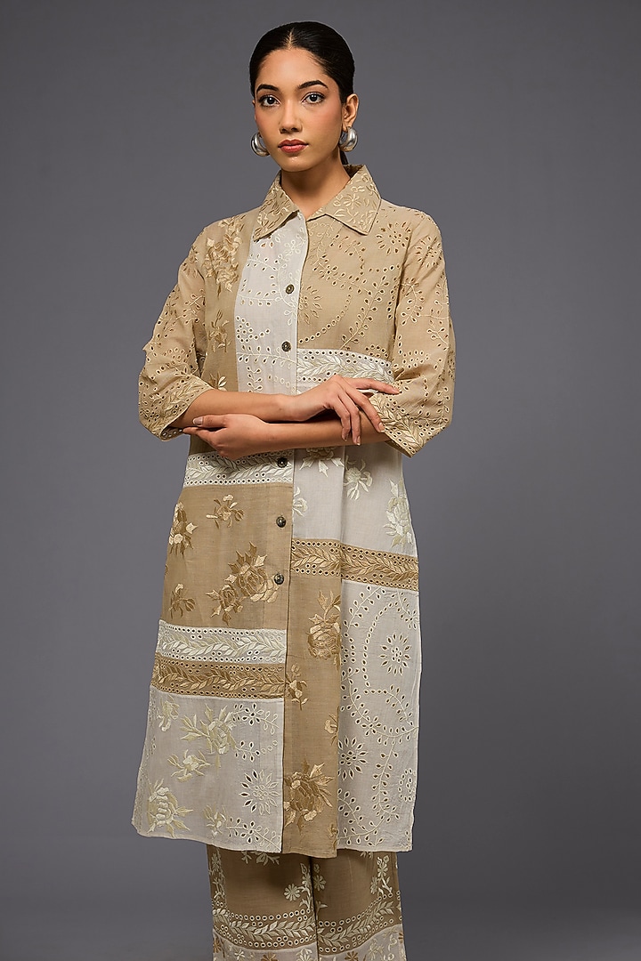 Natural Ecru Handloom Cotton Thread Embroidered Shirt by Peachoo at Pernia's Pop Up Shop