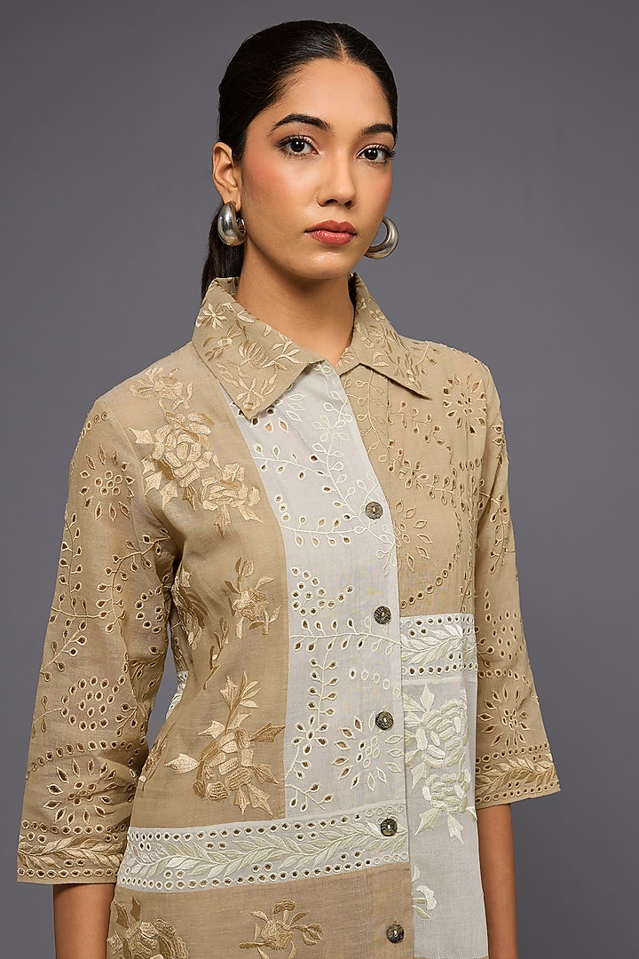 Natural Ecru Handloom Cotton Thread Embroidered Shirt by Peachoo at Pernia's Pop Up Shop