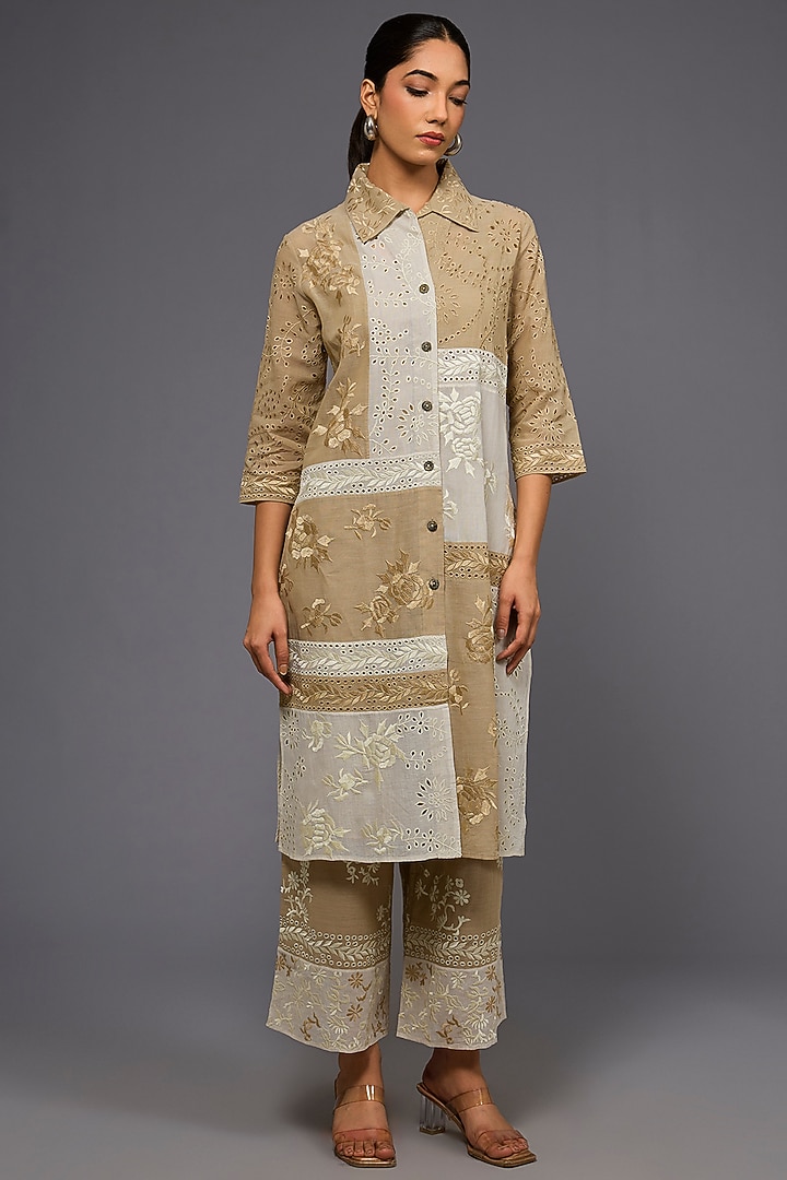 Natural Ecru Handloom Cotton Thread Embroidered Shirt by Peachoo at Pernia's Pop Up Shop