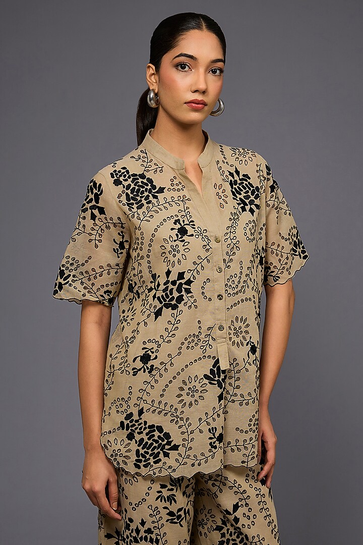 Natural Black handloom Cotton Thread EMbroidered Top by Peachoo at Pernia's Pop Up Shop