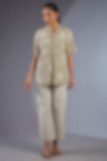 Ecru Cotton Thread Embroidered Handloom Top by Peachoo at Pernia's Pop Up Shop